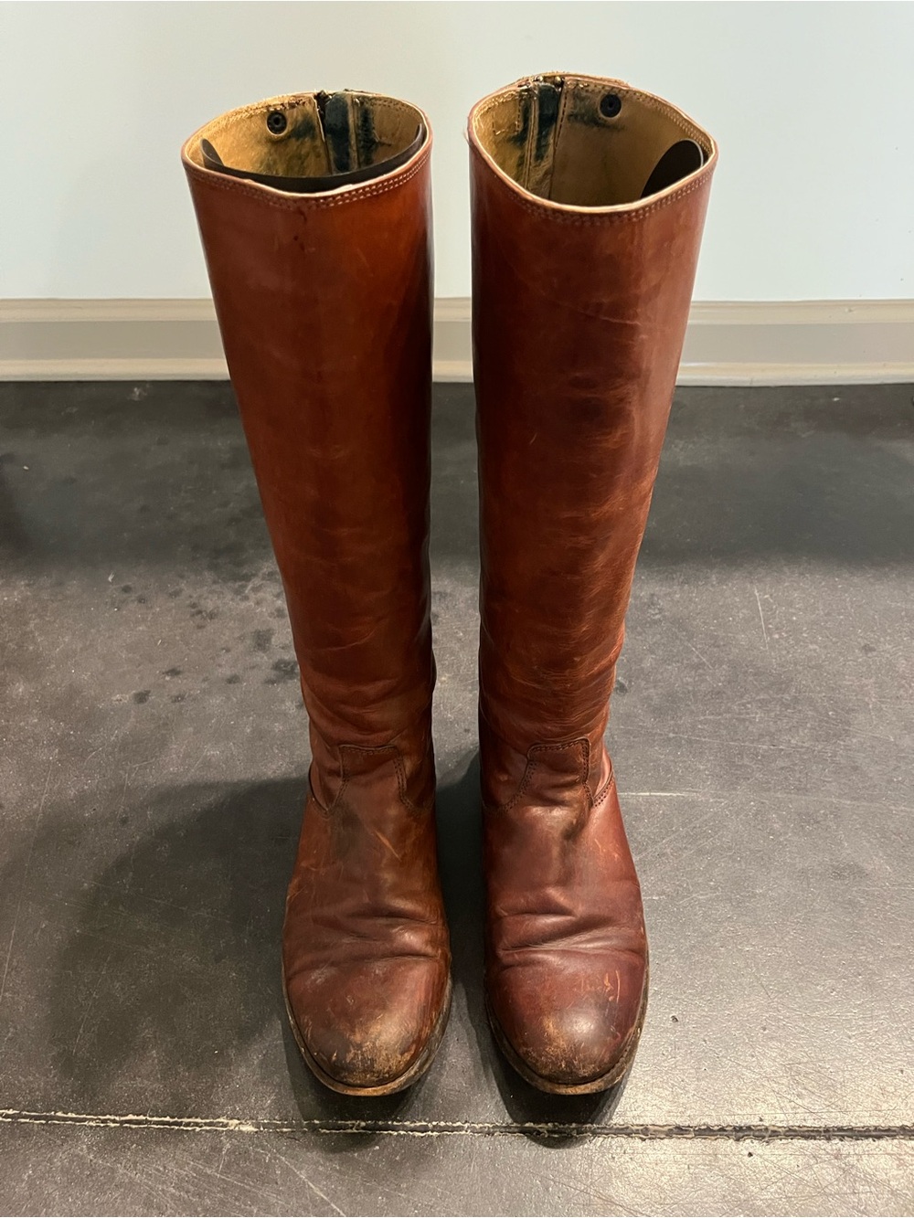 Frye Tall Leather Riding Boots in Cognac Brown